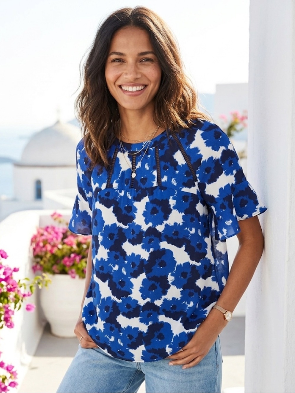 Banana Republic Blouse Blue White Floral Short Sleeve Blouse Flowy Flower Print